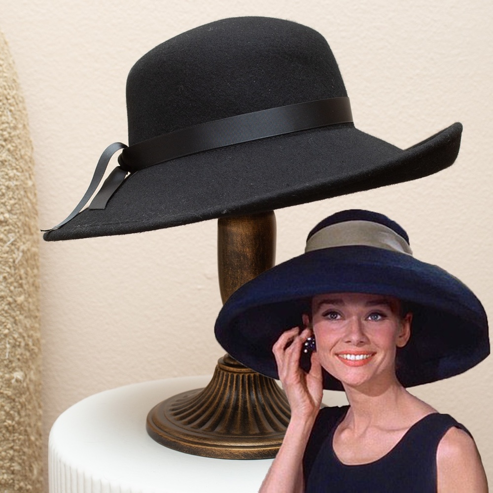 NWOT Black felt wide brim front tilt hat with ribbon - Picture 1 of 8